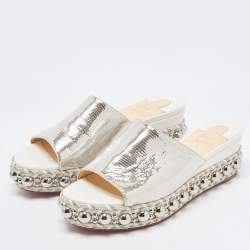 Pre Owned Christian Louboutin Silver Textured Suede Studded Platform Wedge Sandals Size 38