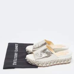 Pre Owned Christian Louboutin Silver Textured Suede Studded Platform Wedge Sandals Size 38