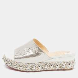 Pre Owned Christian Louboutin Silver Textured Suede Studded Platform Wedge Sandals Size 38
