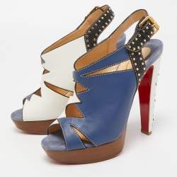 مملوكة مسبقًا Christian Louboutin Tricolor Cut Out Leather Studded Platform Slingback Sandals Size 40