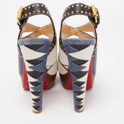 مملوكة مسبقًا Christian Louboutin Tricolor Cut Out Leather Studded Platform Slingback Sandals Size 40