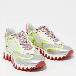 Pre Owned Christian Louboutin Tricolor Leather and Mesh Spiked Loubishark Sneakers Size 38