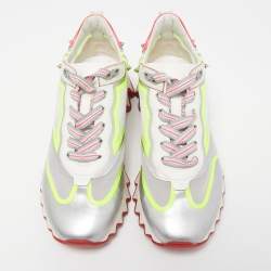 Pre Owned Christian Louboutin Tricolor Leather and Mesh Spiked Loubishark Sneakers Size 38