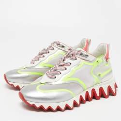 Pre Owned Christian Louboutin Tricolor Leather and Mesh Spiked Loubishark Sneakers Size 38