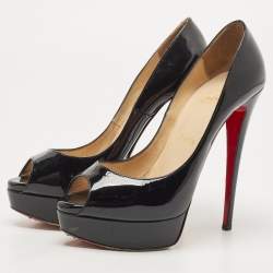 Pre Owned Christian Louboutin Black Patent Lady Peep Pumps Size 38