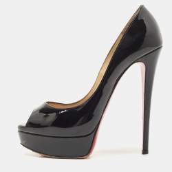 Pre Owned Christian Louboutin Black Patent Lady Peep Pumps Size 38