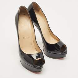 Pre Owned Christian Louboutin Black Patent Lady Peep Pumps Size 38