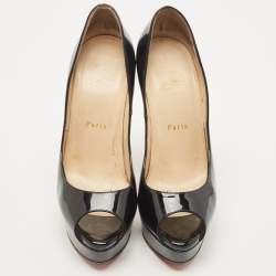 Pre Owned Christian Louboutin Black Patent Lady Peep Pumps Size 38