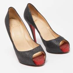 Pre Owned Christian Louboutin Black Glitter Open Toe Very Prive  Pumps Size 39.5
