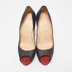 Pre Owned Christian Louboutin Black Glitter Open Toe Very Prive  Pumps Size 39.5