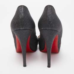 Pre Owned Christian Louboutin Black Glitter Open Toe Very Prive  Pumps Size 39.5