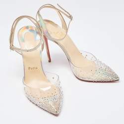 مملوكة مسبقًا Christian Louboutin Silver Leather Spikaqueen Ankle Strap Sandals Size 38.5