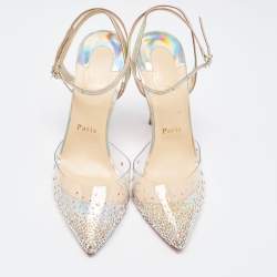 مملوكة مسبقًا Christian Louboutin Silver Leather Spikaqueen Ankle Strap Sandals Size 38.5