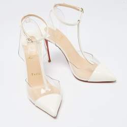 Pre Owned Christian Louboutin White Patent Leather and PVC Nosy T-Strap Pumps Size 36.5