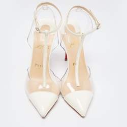 Pre Owned Christian Louboutin White Patent Leather and PVC Nosy T-Strap Pumps Size 36.5