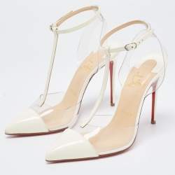 Pre Owned Christian Louboutin White Patent Leather and PVC Nosy T-Strap Pumps Size 36.5