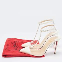 Pre Owned Christian Louboutin White Patent Leather and PVC Nosy T-Strap Pumps Size 36.5