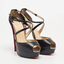 Pre Owned Christian Louboutin Black Leather Exagona Platform Ankle Strap Sandals Size 37