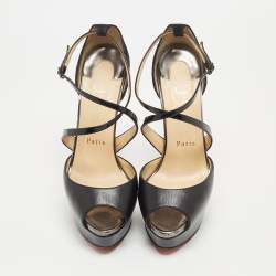Pre Owned Christian Louboutin Black Leather Exagona Platform Ankle Strap Sandals Size 37