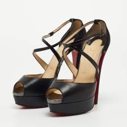 Pre Owned Christian Louboutin Black Leather Exagona Platform Ankle Strap Sandals Size 37