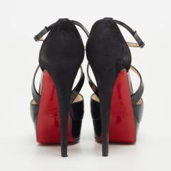 Pre Owned Christian Louboutin Black Leather Exagona Platform Ankle Strap Sandals Size 37