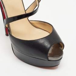Pre Owned Christian Louboutin Black Leather Exagona Platform Ankle Strap Sandals Size 37