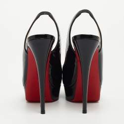 Pre Owned Christian Louboutin Black Patent Leather Private Number Peep Toe Platform Slingback Pumps Size 37