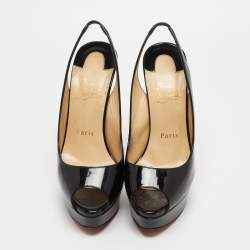Pre Owned Christian Louboutin Black Patent Leather Private Number Peep Toe Platform Slingback Pumps Size 37
