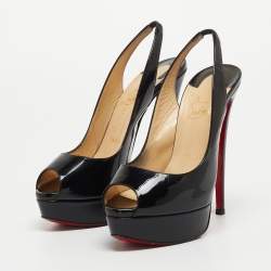 Pre Owned Christian Louboutin Black Patent Leather Private Number Peep Toe Platform Slingback Pumps Size 37