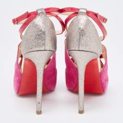 Christian Louboutin Pink/Metallic Bronze Suede and Leather Ankle Strap Sandals Size 37