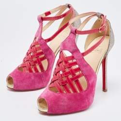 Christian Louboutin Pink/Metallic Bronze Suede and Leather Ankle Strap Sandals Size 37