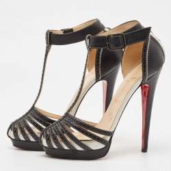 Pre Owned Christian Louboutin Black Perforated Leather Strappy T-Bar Platform Sandals Size 38