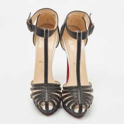 Pre Owned Christian Louboutin Black Perforated Leather Strappy T-Bar Platform Sandals Size 38
