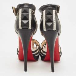 Pre Owned Christian Louboutin Black Perforated Leather Strappy T-Bar Platform Sandals Size 38
