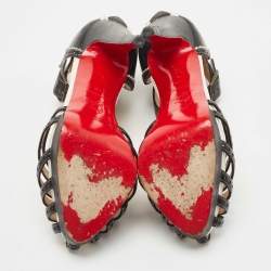 Pre Owned Christian Louboutin Black Perforated Leather Strappy T-Bar Platform Sandals Size 38