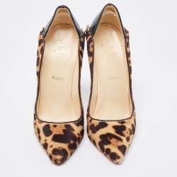 Christian Louboutin Brown Patent and Calf hair Leopard Print Hot Chick  Pumps Size 37.5