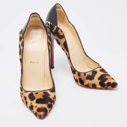 Christian Louboutin Brown Patent and Calf hair Leopard Print Hot Chick  Pumps Size 37.5