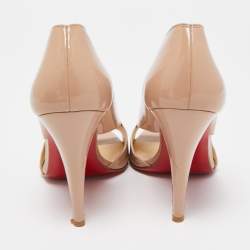Pre Owned Christian Louboutin Beige Patent Cutout Accent Booties Size 37.5