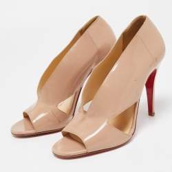 Pre Owned Christian Louboutin Beige Patent Cutout Accent Booties Size 37.5