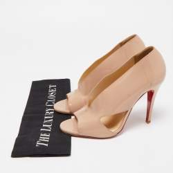 Pre Owned Christian Louboutin Beige Patent Cutout Accent Booties Size 37.5