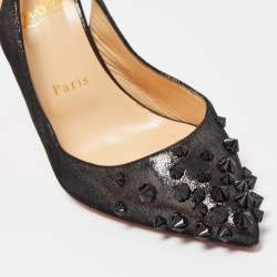 Pre Owned Christian Louboutin Black Glitter Nubuck Leather Drama Spikes Slingback Sandals Size 38