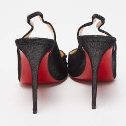 Pre Owned Christian Louboutin Black Glitter Nubuck Leather Drama Spikes Slingback Sandals Size 38
