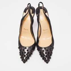 Pre Owned Christian Louboutin Black Glitter Nubuck Leather Drama Spikes Slingback Sandals Size 38