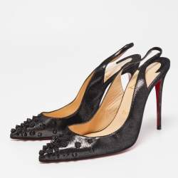 Pre Owned Christian Louboutin Black Glitter Nubuck Leather Drama Spikes Slingback Sandals Size 38