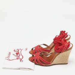 Pre Owned Christian Louboutin Red Fabric Wedge Espadrille Ankle Wrap Sandals Size 37