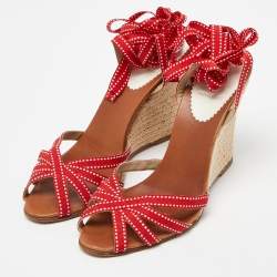 Pre Owned Christian Louboutin Red Fabric Wedge Espadrille Ankle Wrap Sandals Size 37