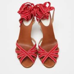 Pre Owned Christian Louboutin Red Fabric Wedge Espadrille Ankle Wrap Sandals Size 37