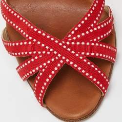 Pre Owned Christian Louboutin Red Fabric Wedge Espadrille Ankle Wrap Sandals Size 37