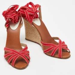 Pre Owned Christian Louboutin Red Fabric Wedge Espadrille Ankle Wrap Sandals Size 37