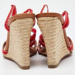 Pre Owned Christian Louboutin Red Fabric Wedge Espadrille Ankle Wrap Sandals Size 37